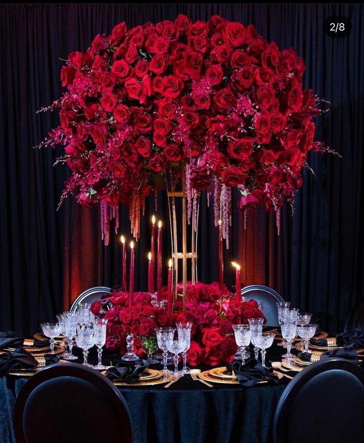 the table is set with red roses and candles