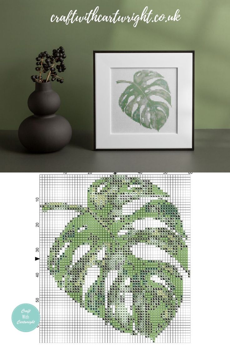 a cross stitch pattern with a green plant in the middle and an image of a houseplant behind it