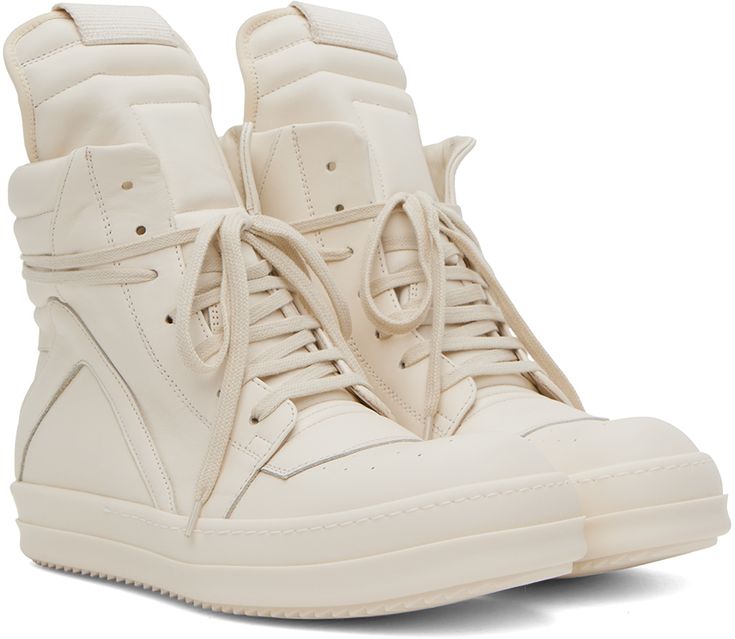 High-top paneled buffed calfskin sneakers in off-white. · Perforated detailing at round toe · Lace-up closure · Webbing pull-tab at extended tongue · Padded tongue and collar · Zip closure at inner side · Buffed calfskin lining · Treaded rubber sole Supplier color: Milk/Milk/Milk Rick Owens Geobasket, Rick Owens Sneakers, Techwear Fashion, Pink Milk, Black Milk, White Boots, Rick Owens, Dream Shoes, Dusty Pink