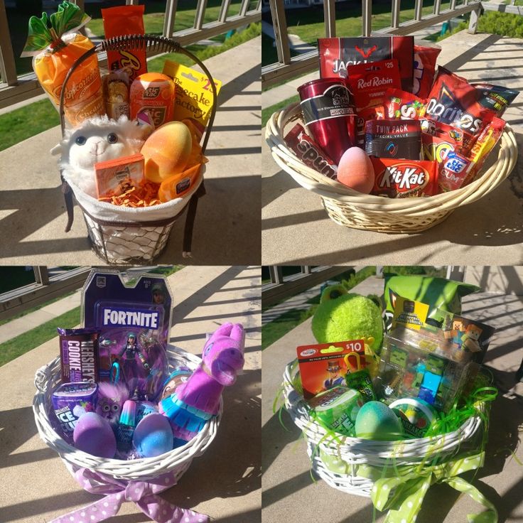 three baskets filled with different types of candy