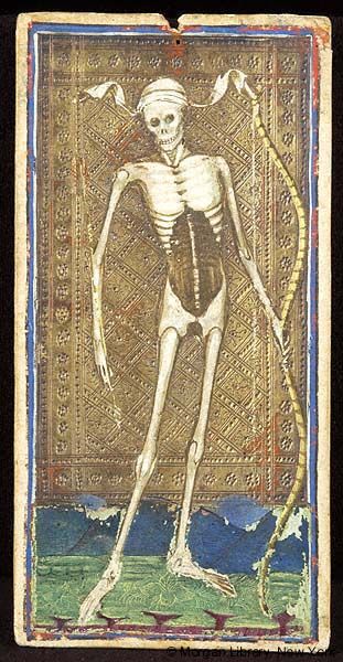 a skeleton standing in front of a painting on a black background with an ornate border around it