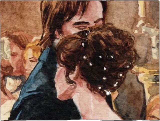 a watercolor painting of two people hugging each other in front of a group of people