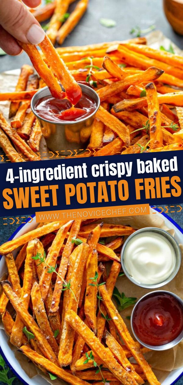 baked sweet potato fries on a plate with dipping sauce