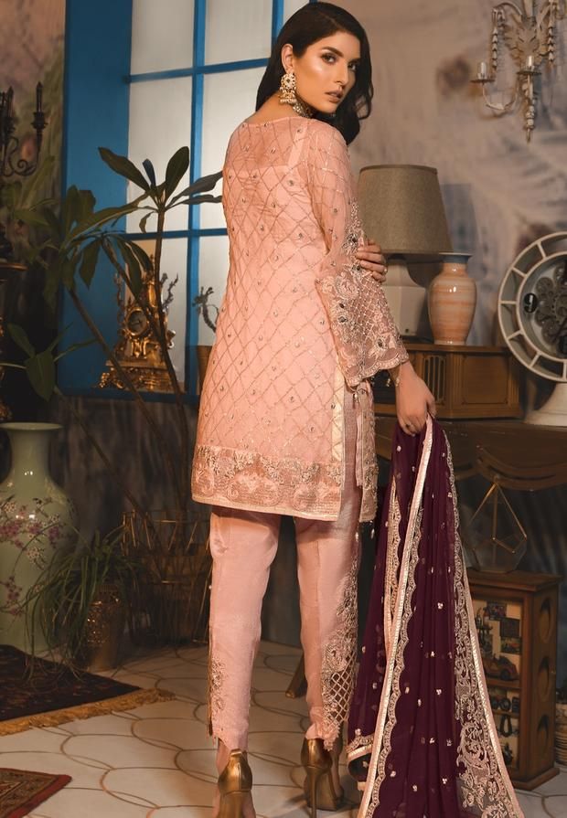 Summer Party Dress With Resham Embroidery, Traditional Peach Dress With Resham Embroidery, Peach Dress With Intricate Embroidery For Eid, Designer Chinon Dresses, Pink Silk Dress With Dabka Work, Peach Embroidered Dress For Eid, Elegant Embroidered Dress With Mirror Work, Fitted Pink Dress With Resham Embroidery, Pink Fitted Dress With Resham Embroidery