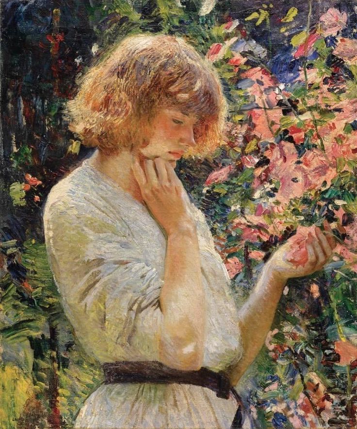 a painting of a woman standing in front of some flowers holding her hand to her face