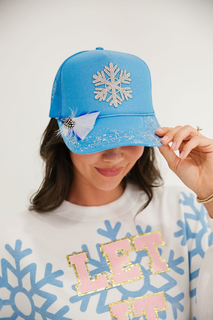 WINTER WONDERLAND TRUCKER HAT HAT Judith March Blue Trucker Hat, White Feather, White Feathers, Winter Fun, Silver Glitter, Winter Wonderland, Stay Warm, The White, Trucker Hat