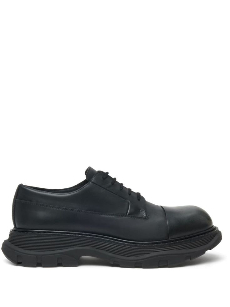 black calf leather smooth grain faded effect tonal stitching logo-debossed tongue round toe front lace-up fastening branded leather insole rubber tread sole Formal Dress Shoes, Alexander Mcqueen Shoes, Summer Beach Wear, Sleek Fashion, Derby Shoes, Espadrille Shoes, Party Shoes, The Meaning, Shoes Black