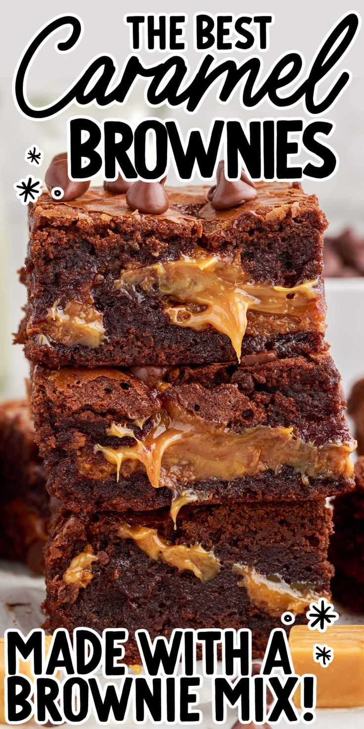 the best caramel brownies made with a brownie mix and chocolate frosting