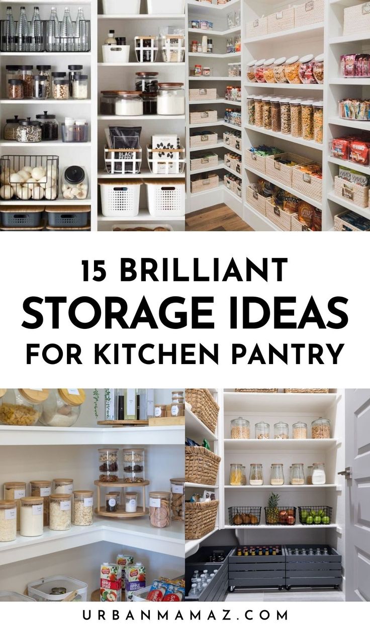 an organized pantry filled with lots of different items and labeled in white text that says brilliant storage ideas for kitchen pantry