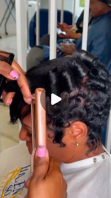 Curls And Waves Short Black Hair, Waves And Curls For Black Women, How To Curl Short Hair Black Women, Body Curls Black Women Natural Hair, Pin Curls Short Hair Black Women, Short Pin Curl Hairstyles, Pin Curl Pixie Cut Black Women, How To Curl Pixie Cut, Press And Curl Hairstyles