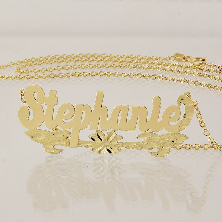 "*Average Name Pendant Width : 1 7/8 Inch (4.8 cm) Approx. *Up to 9 Letters. *Pendant Thickness : 0.5 mm / 25 Gauge / 0.020\" *Premium high end quality personalized laser cut out any letters/numbers in 10kt or 14kt solid yellow or white gold personalized name necklace, this item comes with split sturdy 1.0 mm Rollo chain from 15~20 inches, name pendant length not included on length option. *This pendant cut out by latest technology laser machine, top quality guaranteed." Gold Nameplate Necklace In Fine Jewelry Style, Fine Gold Nameplate Necklace, Personalized Nameplate Jewelry With Polished Finish, Custom Gold Sterling Silver Necklace With Polished Finish, Custom Engraved Gold Plated Nameplate Necklace, Elegant Name Necklace With Flower Pendant, Silver Nameplate Necklace Stamped 14k, Hallmarked Yellow Gold Nameplate Necklace, Luxury Gold Nameplate Necklace