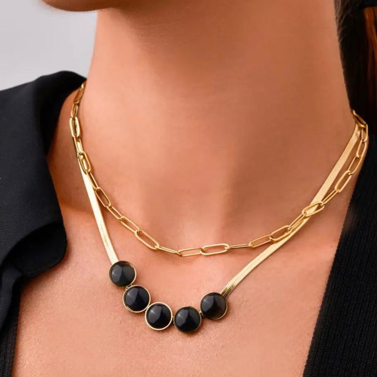 European Product Double Necklace, Made Of Surgical/Stainless Steel And Acrylic. Necklace Length: Shorter Chain Approx. 15in Longer Chain Approx. 17in Adjustment Approx. 2 In. Color: Gold, Black. It Does Not Darken And Does Not Cause Allergic Reactions. Nickel Free. Chic Black Chain Necklace For Party, Party Chain Necklace With Black And Gold Chain, Trendy Black Double Chain Necklace, Party Black Chain Necklace With Gold Chain, Trendy Black Necklaces With Gold Chain, Trendy Black Necklaces Suitable For Layering, Trendy Black Necklaces For Layering, Trendy Black Necklace With Double Chain, Black Double Chain Necklace For Party