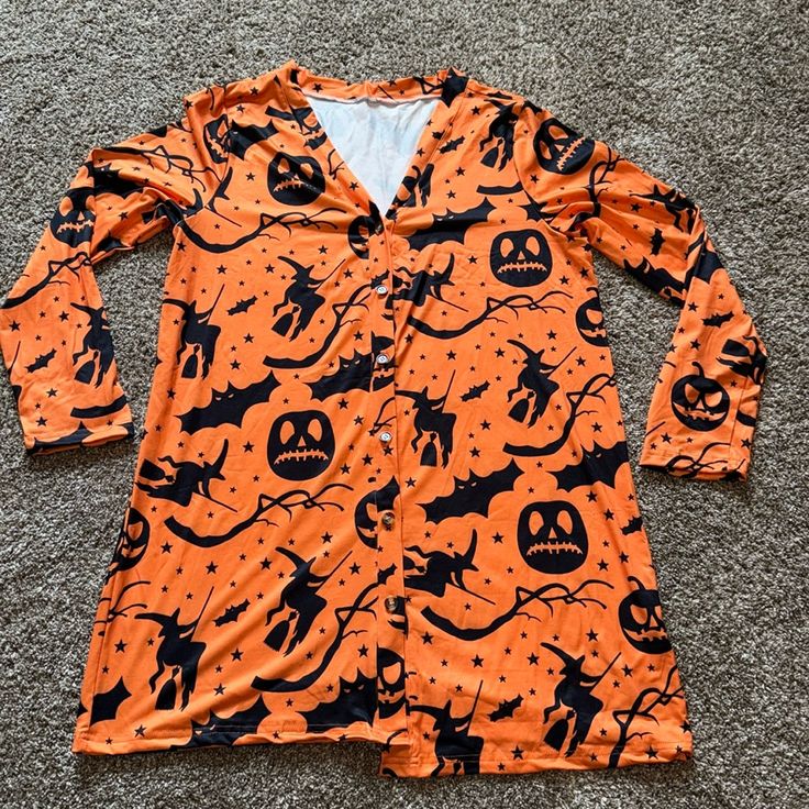 Halloween Button Up Cardigan. Lightweight Material. Pumpkin, Bat, Witch Print. Size Large. New, Never Worn. Casual Long Sleeve Halloween Cardigan, Halloween Long Sleeve Cardigan, Orange Long Sleeve Cardigan With Button Closure, Witch Print, Button Up Cardigan, Printed Cardigan, Halloween Prints, Source Unknown, Orange Black