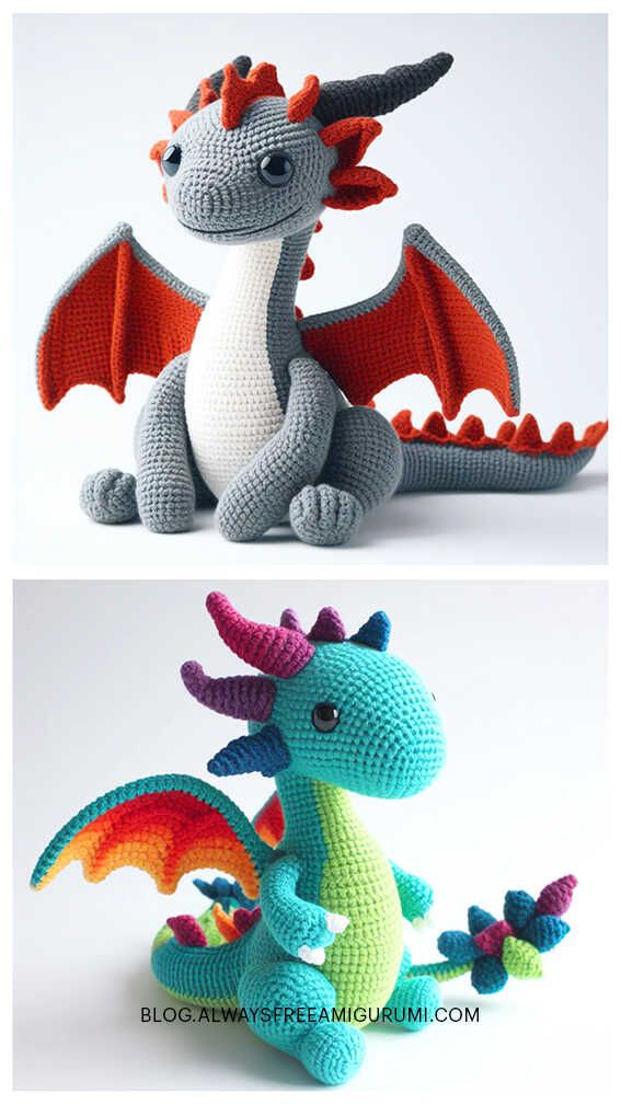 two crocheted dragon dolls sitting next to each other