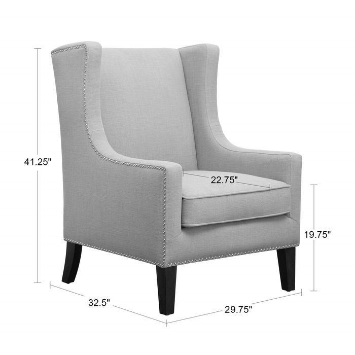 an image of a gray chair with measurements