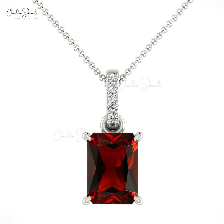 Description This stunning AAA quality Gold Garnet Pendant with the dazzling white diamond Dangling of I1-I2/G-H clarity & color is crafted in 14k solid gold. An Emerald Cut Octagon Garnet gemstone set with 4-prong settings surrounded with diamonds. Garnet is an official birthstone for the month of January and a symbol of balance, hope, and peace. The 7X5mm Octagon gemstone is flanked by 4 pcs of dazzling 1.10mm white diamonds together to create a Dangling frame. The gold chain shown in the pictu Symbol Of Balance, October Birthstone Necklace, Halo Necklace, Garnet Pendant, Gold Diamond Necklace, Garnet Stone, Amethyst Pendant, Garnet Gemstone, October Birth Stone