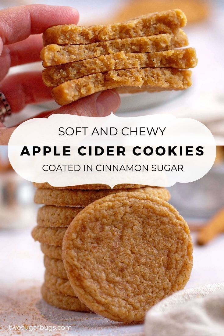 soft and chewy apple cider cookies stacked in cinnamon sugar