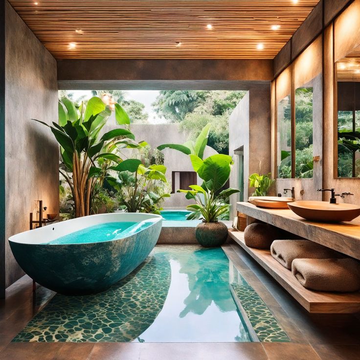 a large bathtub sitting next to a sink in a bathroom under a wooden ceiling