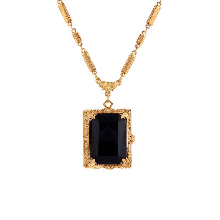 "Accessorize in style with this 1928 gold tone stone locket necklace. Accessorize in style with this 1928 gold tone stone locket necklace. FEATURES Locket size: 1.75\"L x 1\"W Chain length: 28 in. Clasp: lobster-claw Nickel safe Metal: alloy Material: glass Plating: gold tone Finish: polished 4 photo slots Not appropriate for children 14 years old and younger. Size: One Size. Color: Black. Gender: female. Age Group: adult." Victorian Locket Jewelry For Evening, Antique Locket Jewelry For Evening, Formal Necklace With Rectangular Locket Pendant, Victorian Jewelry Locket For Evening, Antique Locket For Evening Wear, Vintage Locket Necklace For Evening, Art Deco Locket Necklace For Formal Occasions, Vintage Formal Necklace With Rectangular Pendant, Antique Evening Locket Jewelry