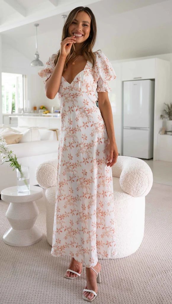 Details: V neckline Floral print dress Short sleeves Maxi dress FIT:Regular fit Non-Stretch through fabricStandard sizingCotton&PolyesterSize Available: Size Length Bust inch cm inch cm S 47.2 120 33 84 M 47.7 121 34.6 88 L 48 122 36.2 92 XL 48.4 123 37.8 96 V-neck Printed Floral Dress For Garden Party, White Fitted V-neck Maxi Dress, Feminine Fitted Floral Print V-neck Dress, Fitted V-neck Printed Dresses, Feminine Printed Square Neck Dresses, Feminine Printed Dresses With Square Neck, Non-stretch Floral Print Maxi Dress, Fitted Floral Print V-neck Dress For Spring, Chic Printed Fitted V-neck Dress