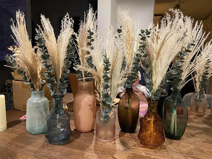 there are many vases with plants in them on the table next to each other