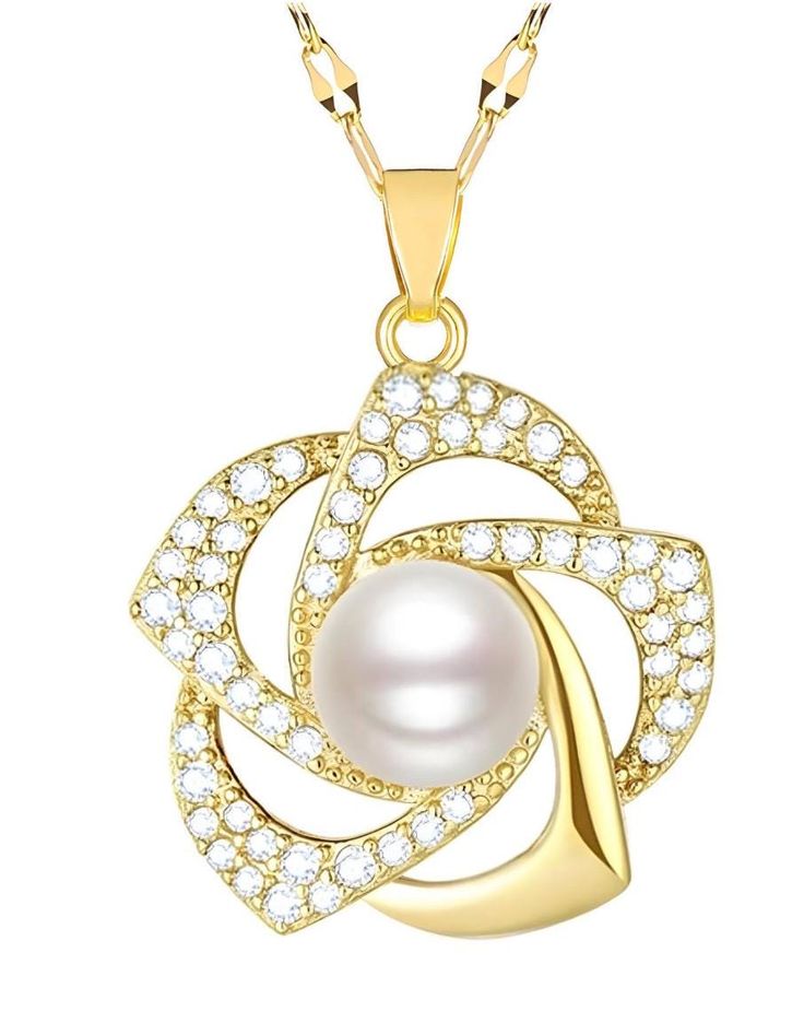 Main material: gold plating, stainless steel, pearl imitation, brass. Pendant size: 1,6 x 1,6 cm. Necklace length: 40 + 5 cm. Inserts: cubic zirconia. Gold-plated titanium steel chain, high-quality 18K gold-plated brass pendant. Glozzo jewelry is waterproof and hypoallergenic. The plating is long lasting and does not tarnish Mass: 3 g Source: gloz Gold Cubic Zirconia Pearl Necklace For Gift, Gold Pearl Necklace With Cubic Zirconia, Gold Pearl Necklace With Cubic Zirconia As Gift, Gold Necklace With Pearl Charm And Cubic Zirconia, Jewelry Design Drawing, Brass Pendant, Gold Plated Necklace, Steel Chain, Flower Necklace