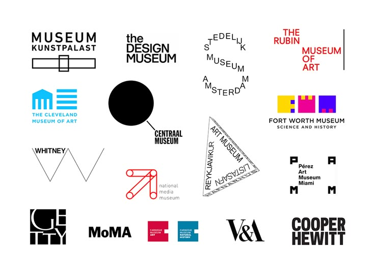 many different logos are shown together on a white background with black and red letters that read museum, the museum of modern art