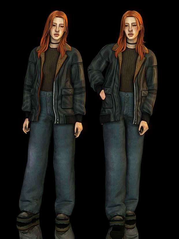 a woman with red hair is standing in front of a black background wearing jeans and a leather jacket