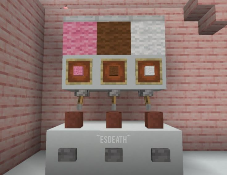 an image of a pink and brown cube in a room with brick walls, flooring and pipes