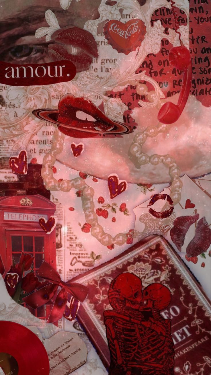 altered photograph of various items on top of each other with the word love spelled in red