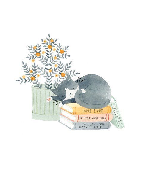 a watercolor drawing of a cat sleeping on top of books with flowers in the background