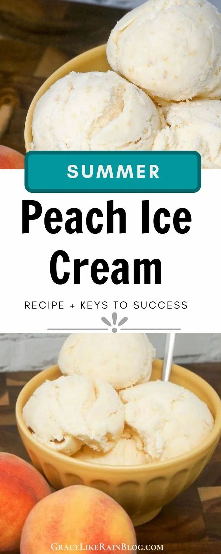 peach ice cream in a yellow bowl with the title overlay reads summer peach ice cream recipe