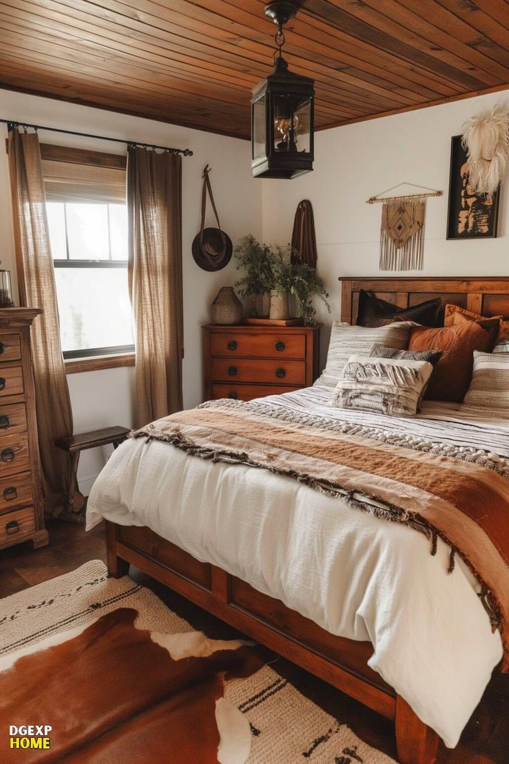 a bed sitting in a bedroom next to a window and wooden dressers with pictures on the wall