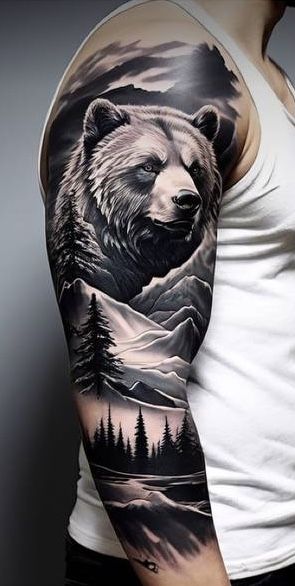 a man's arm with a bear and mountains tattoo on the left side of his arm