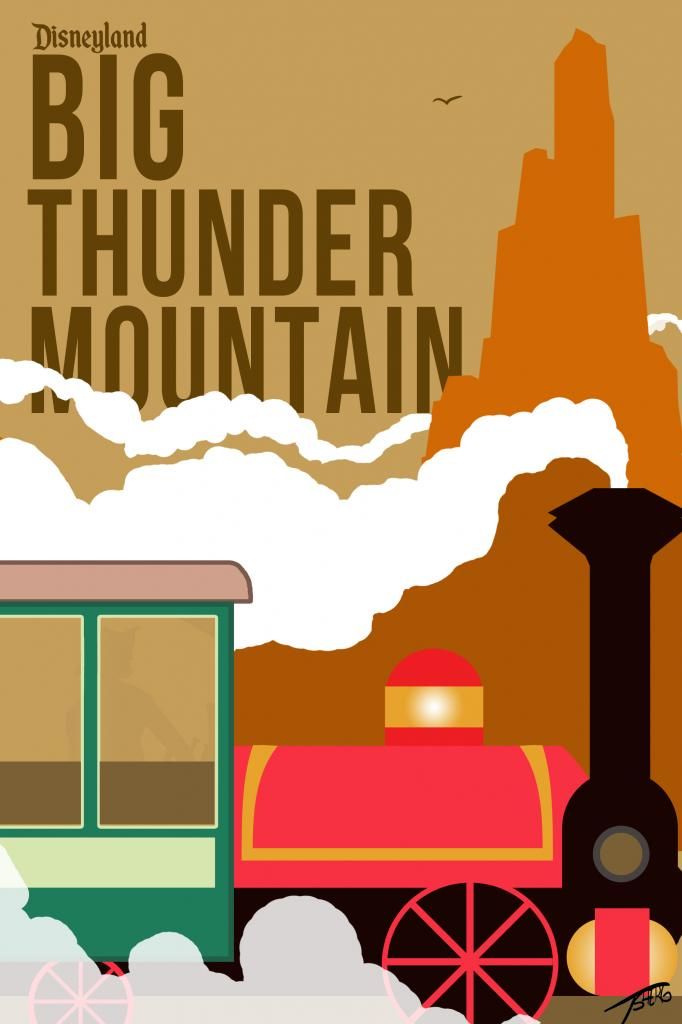 a train traveling past a tall mountain on top of it's side with the words, big thunder mountain