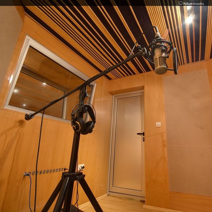 a microphone in front of a wooden wall with lights on it's sides and a door to the other side