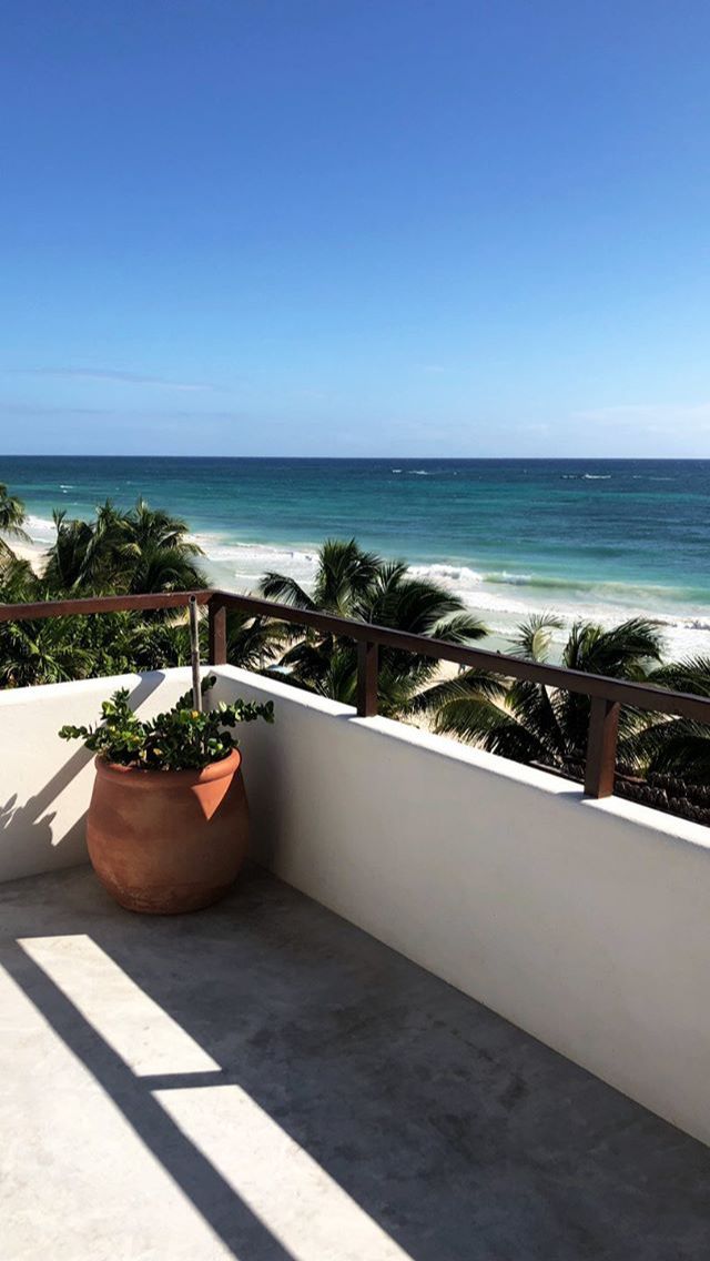 a balcony with potted plants on the side and ocean in the backround