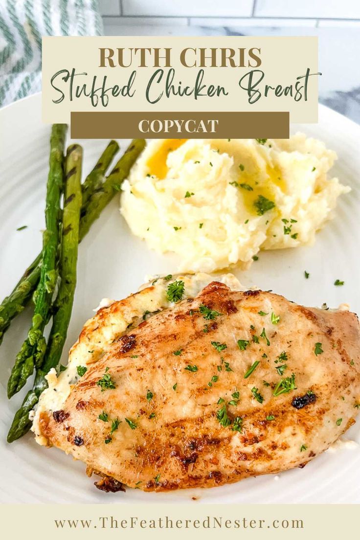 grilled chicken breast with mashed potatoes and asparagus on a white plate