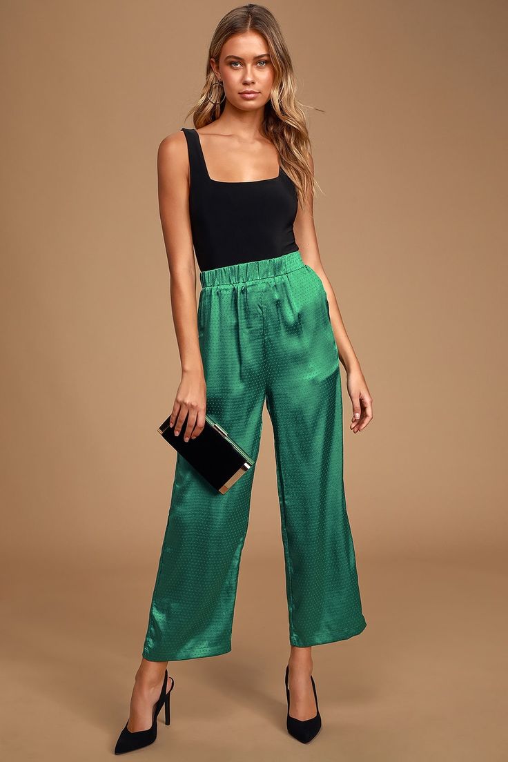 Green Flowy Pants, Green Silk Pants, Emerald Green Top, Pattern Clothes, Velvet Flare Pants, Olive Green Pants, Tie Waist Pants, Velvet Flares, Palazzo Trousers