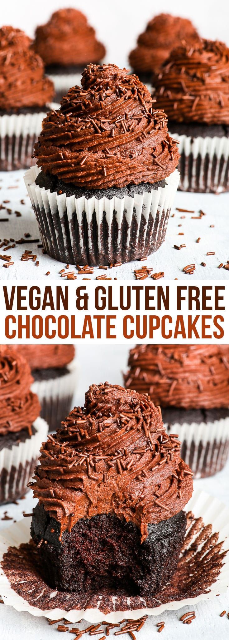 vegan and gluten free chocolate cupcakes on a plate with the title