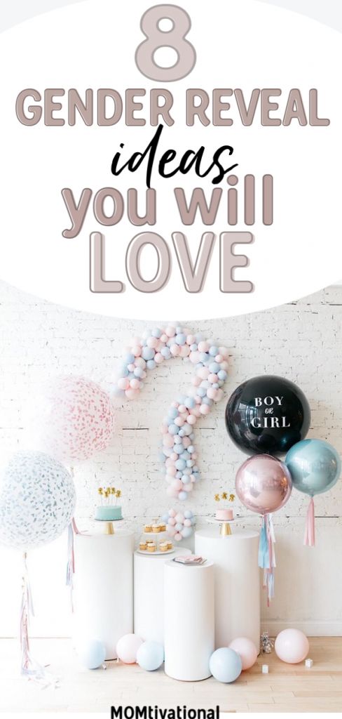 balloons and confetti with the words, 8 gender reveal ideas you will love