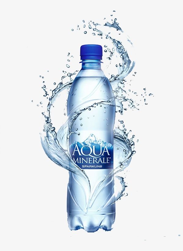 a bottle of mineral water with splashing water on the top and bottom, in front of a blue background