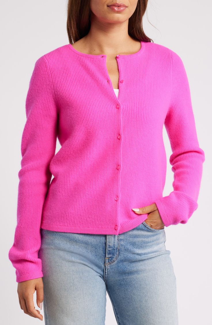 This lofty ribbed cardigan will keep you warm and cozy in cashmere-kissed wool. Front button closure Crewneck Long sleeves Ribbed cuffs and hem 90% wool, 10% cashmere Dry clean Imported Hot Pink Cardigan, Ribbed Cardigan, Pink Cardigan, Cashmere Cardigan, Warm And Cozy, Hot Pink, Cashmere, Flash, Dry Clean