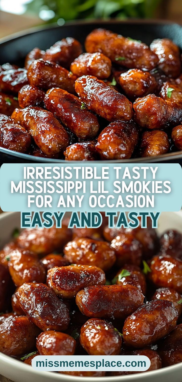 two bowls filled with meat next to each other on top of a wooden table and the words irresistiblely tasty mississippi smokies for any occasion easy and tasty