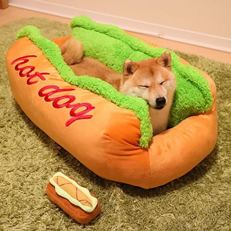 a dog is sleeping in a hot dog bed