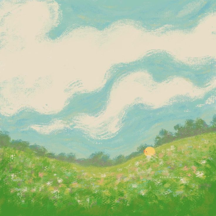 a painting of a green field with white clouds in the sky and yellow flowers on the ground