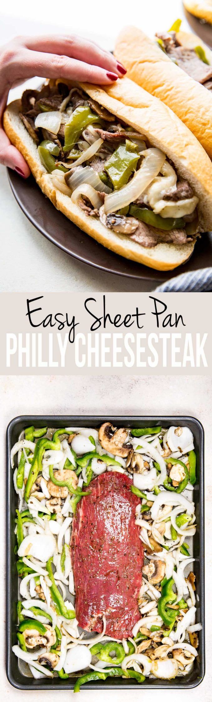 an easy sheet pan filled with cheese steak and green peppers, next to a tray full of sandwiches