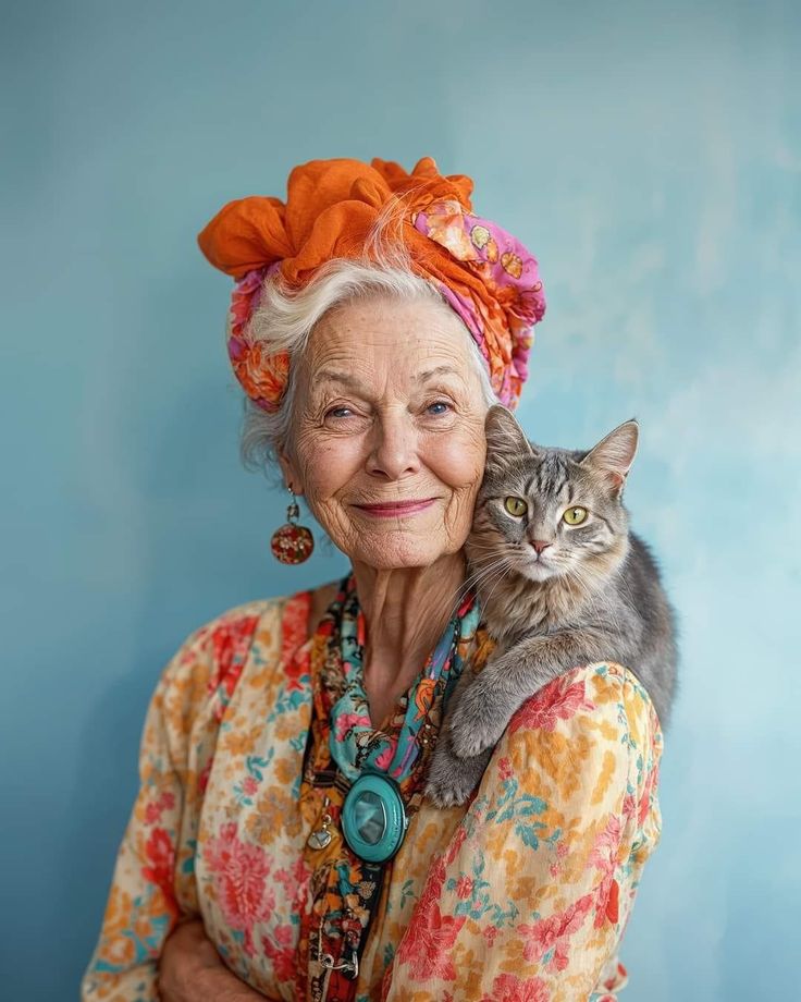 an old woman holding a cat in her arms and wearing a colorful headdress