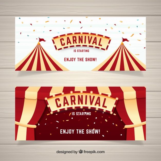 two circus banners with red and white striped tents