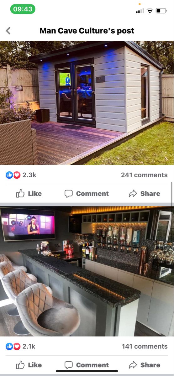 two facebook posts showing different views of the same house, one with an outdoor bar